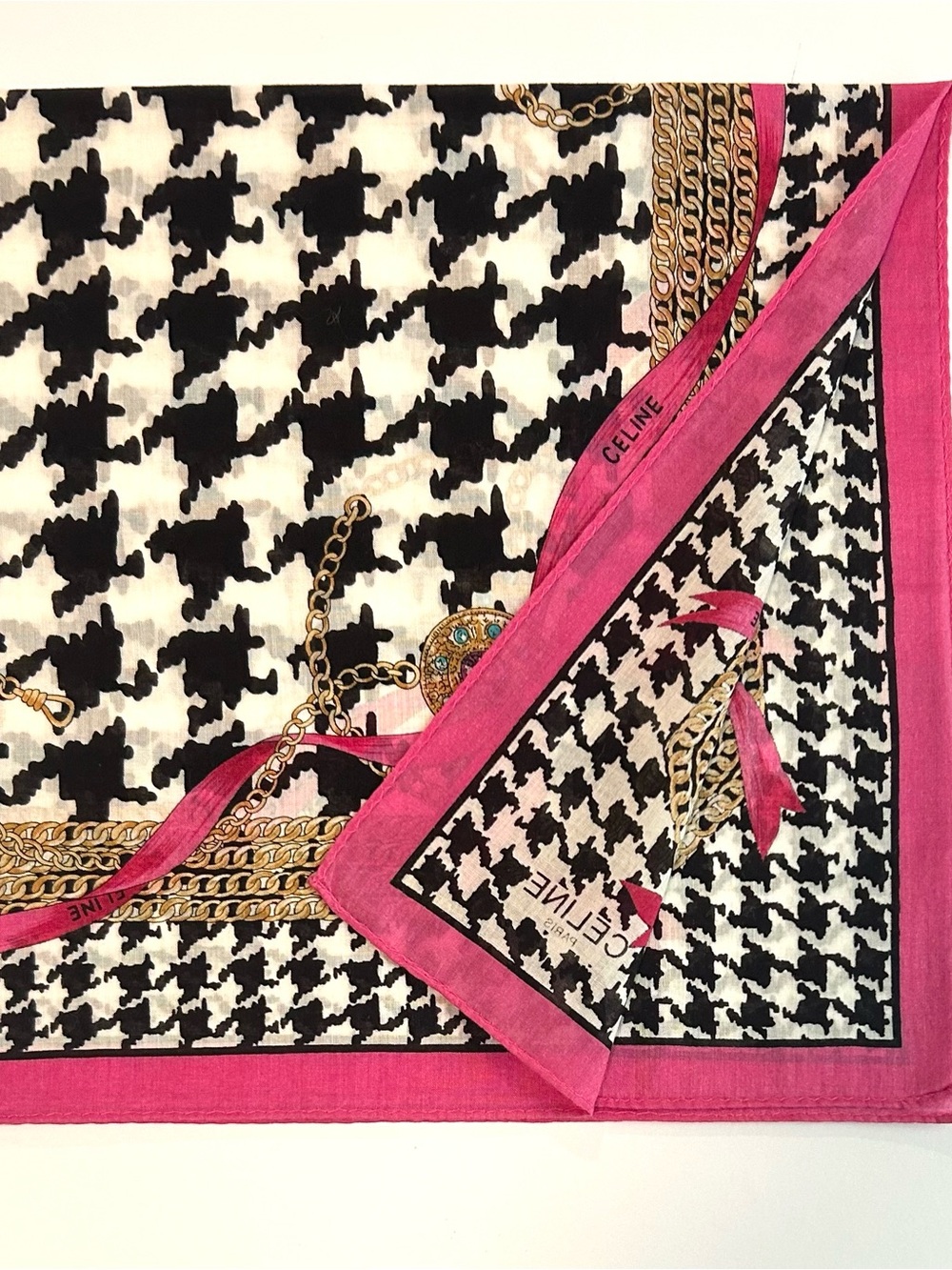 WOMEN HANDKERCHIEF CELINE Houndstooth Black Pink Bow COTTON POCKET SQUARE 18” - Picture 4 of 6